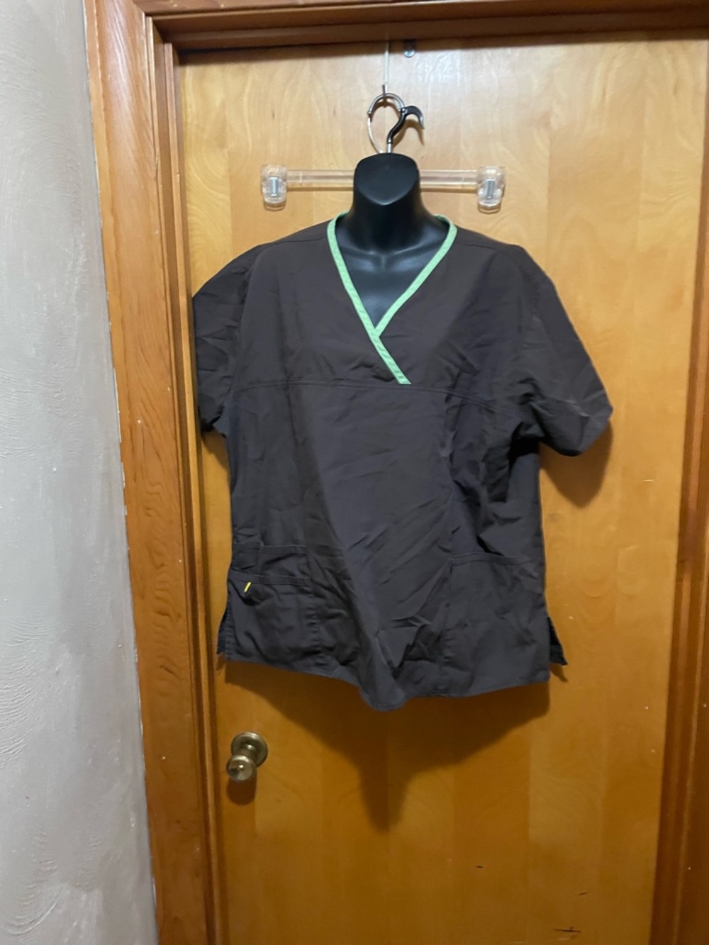 Scrub Top  Chocolate with Green Trim. M1